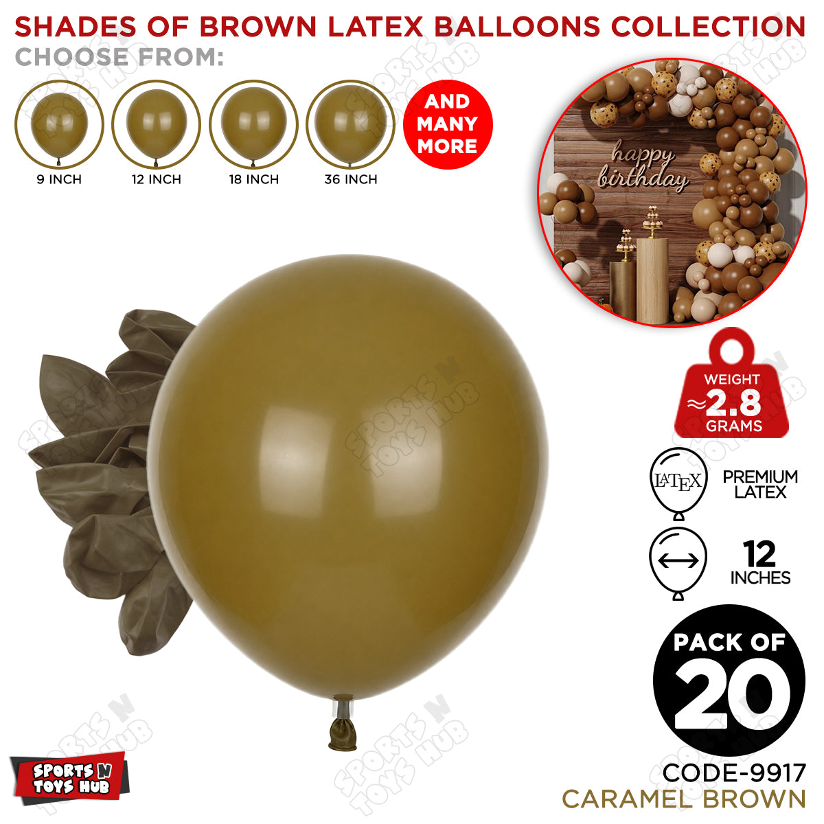 Caramel Brown Latex Balloons Available In 9, 12, 18 & 36 Inch Sizes