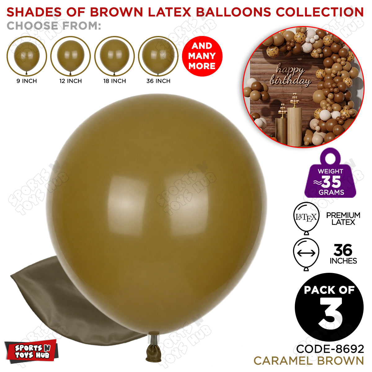 Caramel Brown Latex Balloons Available In 9, 12, 18 & 36 Inch Sizes