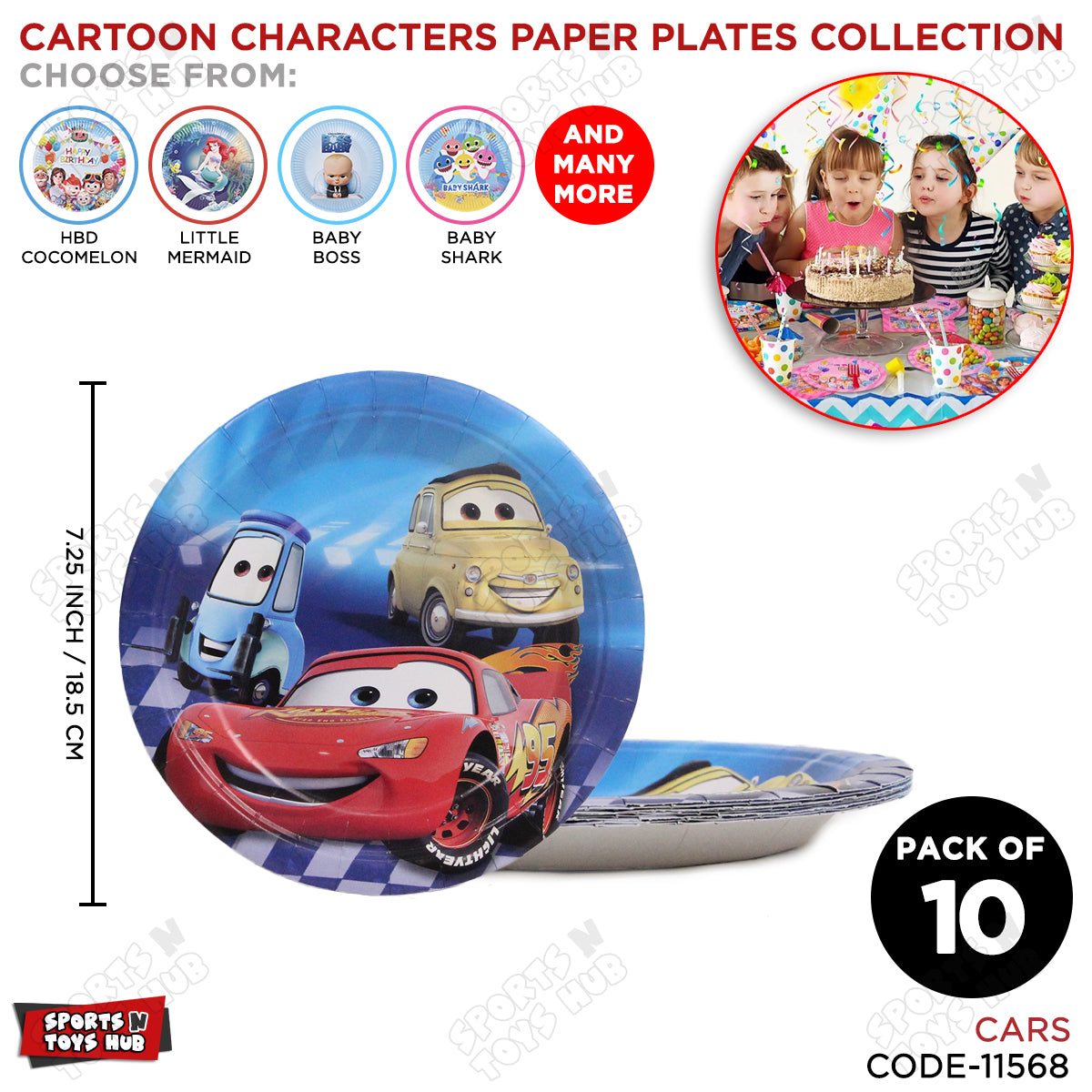 Printed Cartoon Character Car Disposable Plates - Pack Of 10