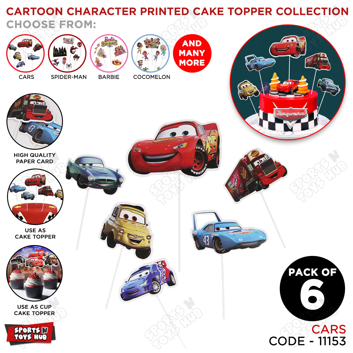 HBD Cartoon Character Car Cake Topper - 6 Pcs