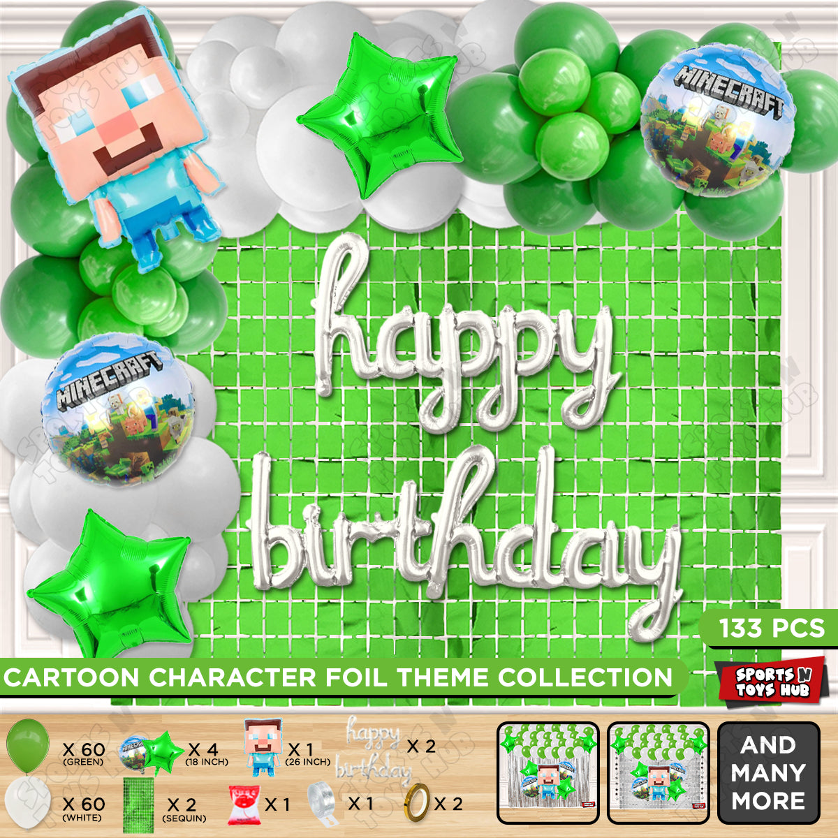 Mine-Craft Foil Balloon Set With Happy Birthday Cursive Letter Arch Theme