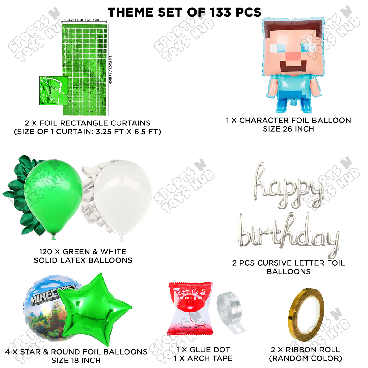 Mine-Craft Foil Balloon Set With Happy Birthday Cursive Letter Arch Theme