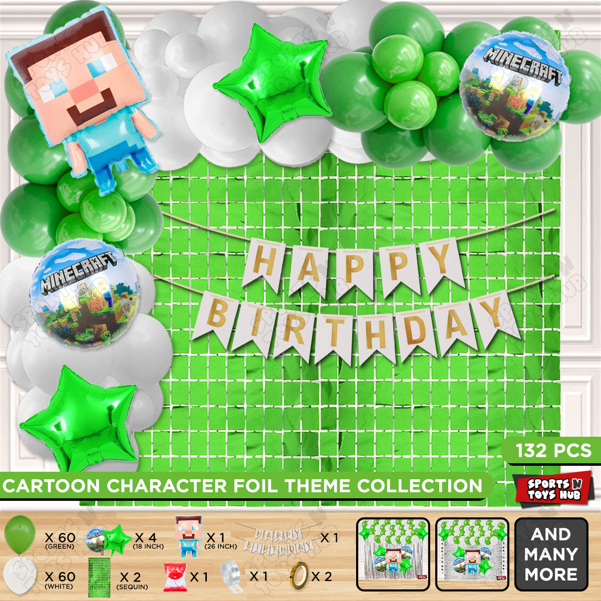 Mine-Craft Foil Balloon Set With Happy Birthday Card Banner Arch Theme
