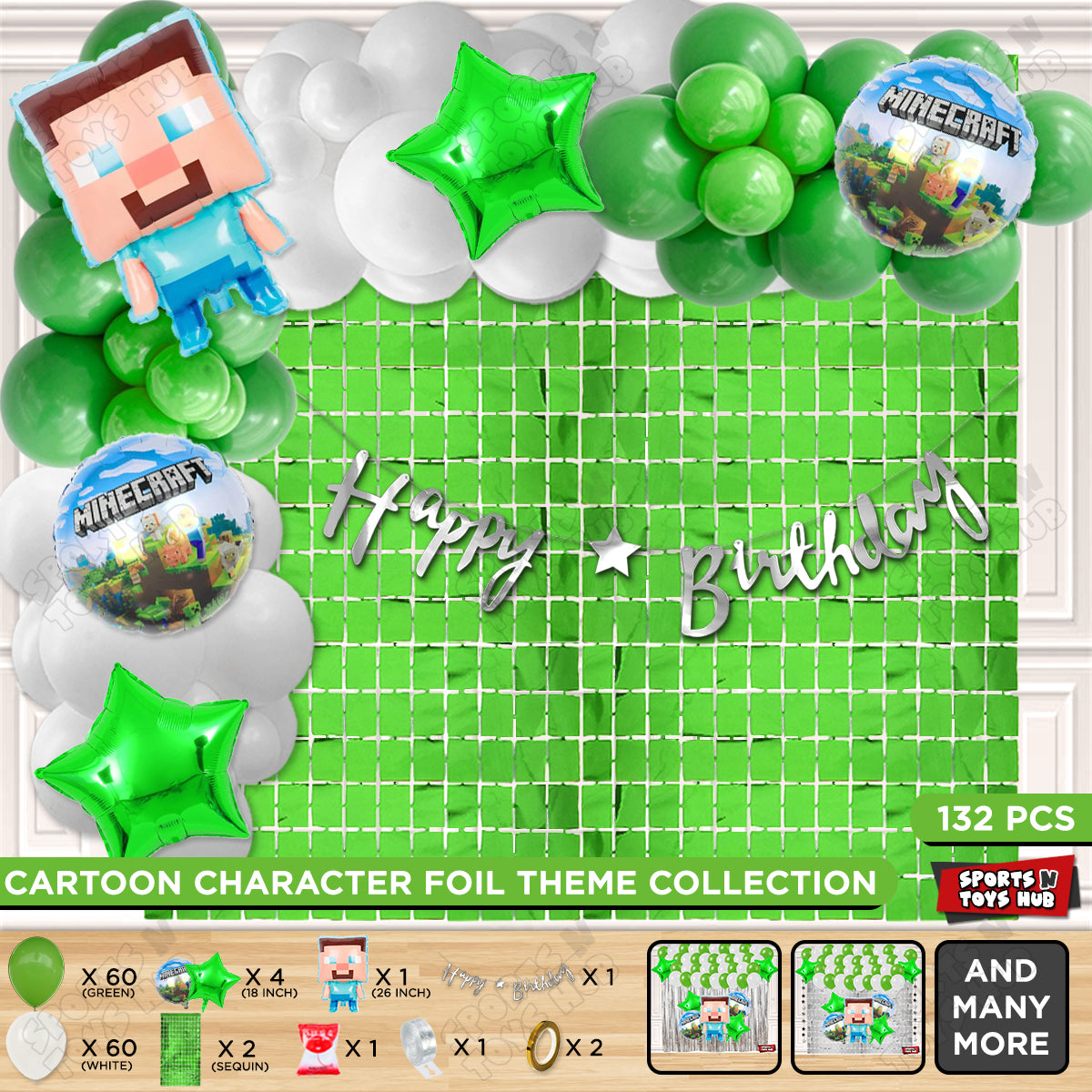 Mine-Craft Foil Balloon Set With Happy Birthday Cursive Banner Arch Theme