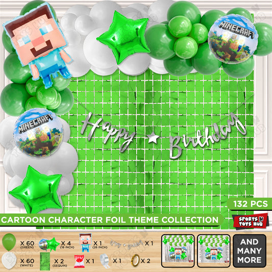 Mine-Craft Foil Balloon Set With Happy Birthday Cursive Banner Arch Theme