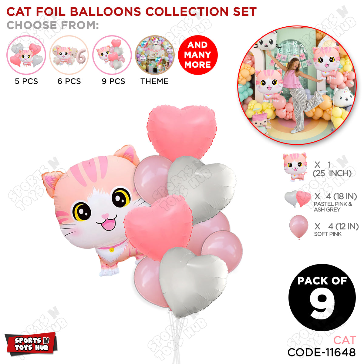 Cartoon Cat Foil Pack Of 9 Balloon Set