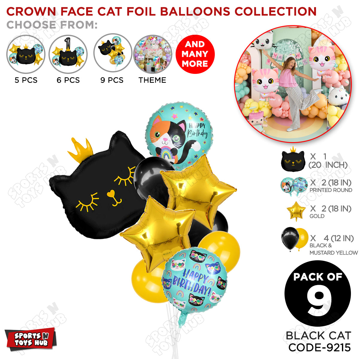 Black Kitten Cute Cat Foil Balloons - Pack of 9