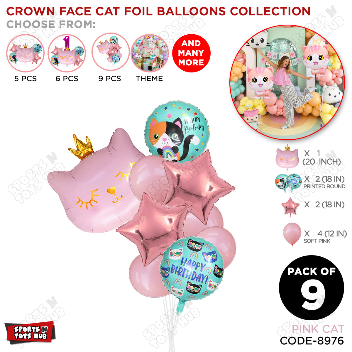 Pink Kitten Cute Cat Foil Balloons - Pack of 9