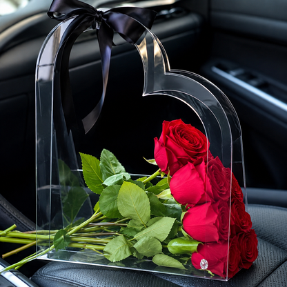 Heart-Shaped Transparent PET Flower Bouquet Bag with Handle – Clear Romantic Rose Packaging Bag for Flower Arrangements, Gift Wrapping, Valentine’s Day, Anniversary, Wedding & Special Occasions