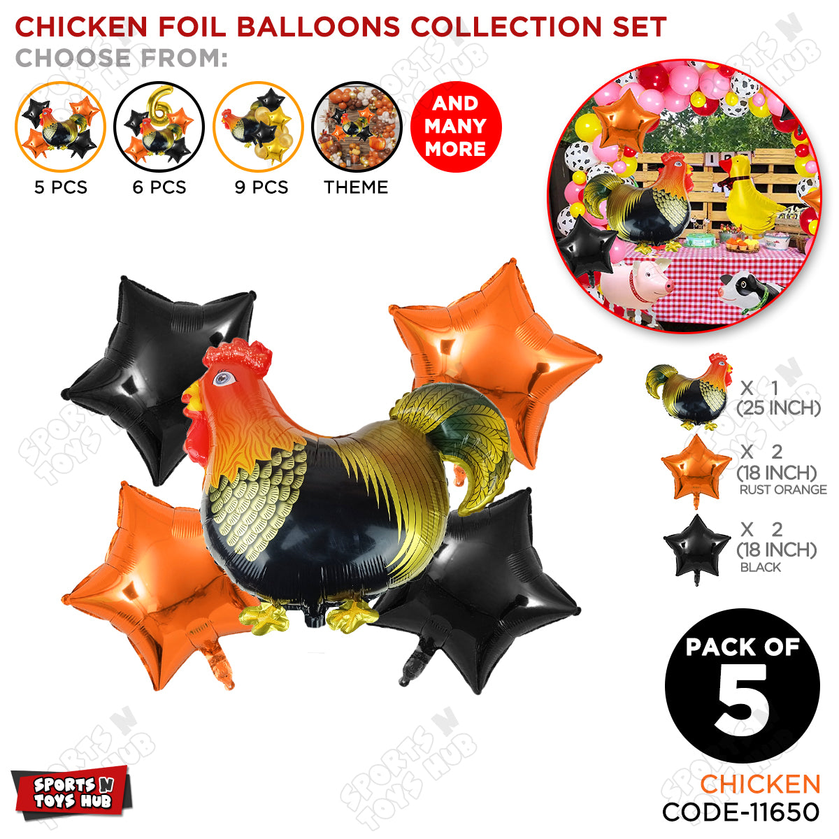 Chicken Cartoon Foil Pack Of 5 Balloon Set