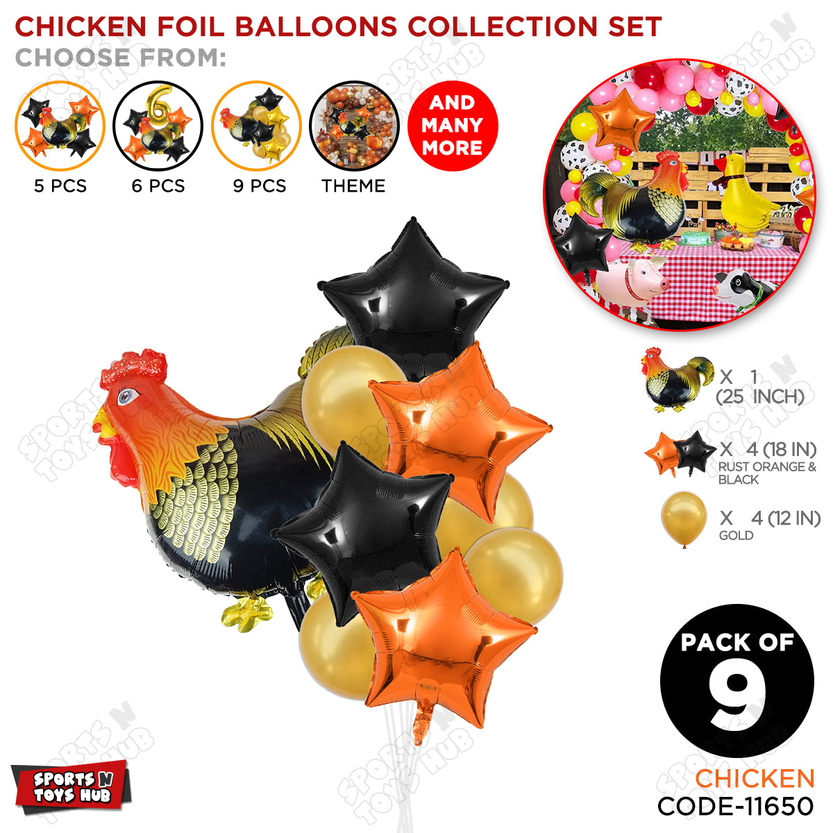 Chicken Cartoon Foil Pack Of 9 Balloon Set