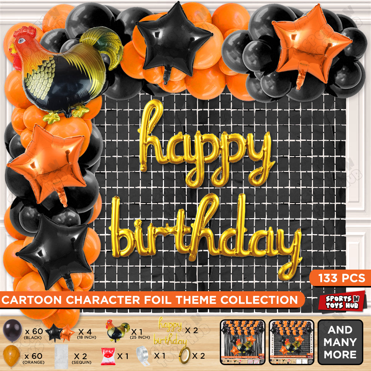 Chicken Cartoon Foil Balloon Stand Set With Happy Birthday Foil Letter Arch Theme