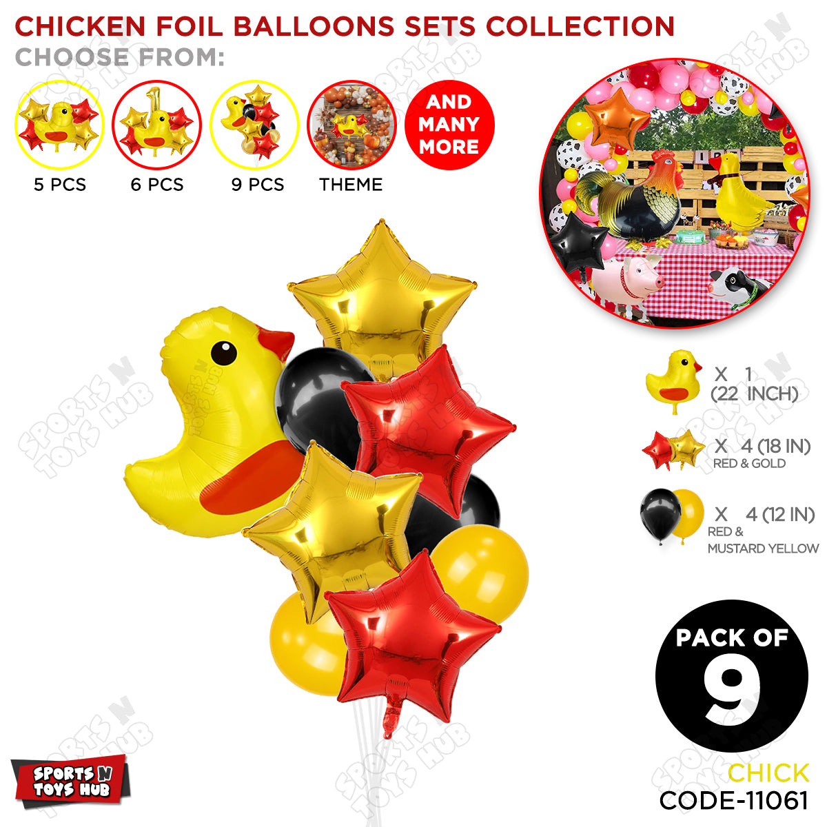 Chick Cartoon Foil Pack Of 9 Balloon Set