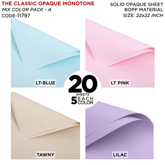 The Classic Opaque Monotone Plain Solid Color Opaque Mate Bouquet Sheets, Mix Color 20 Sheet Pack