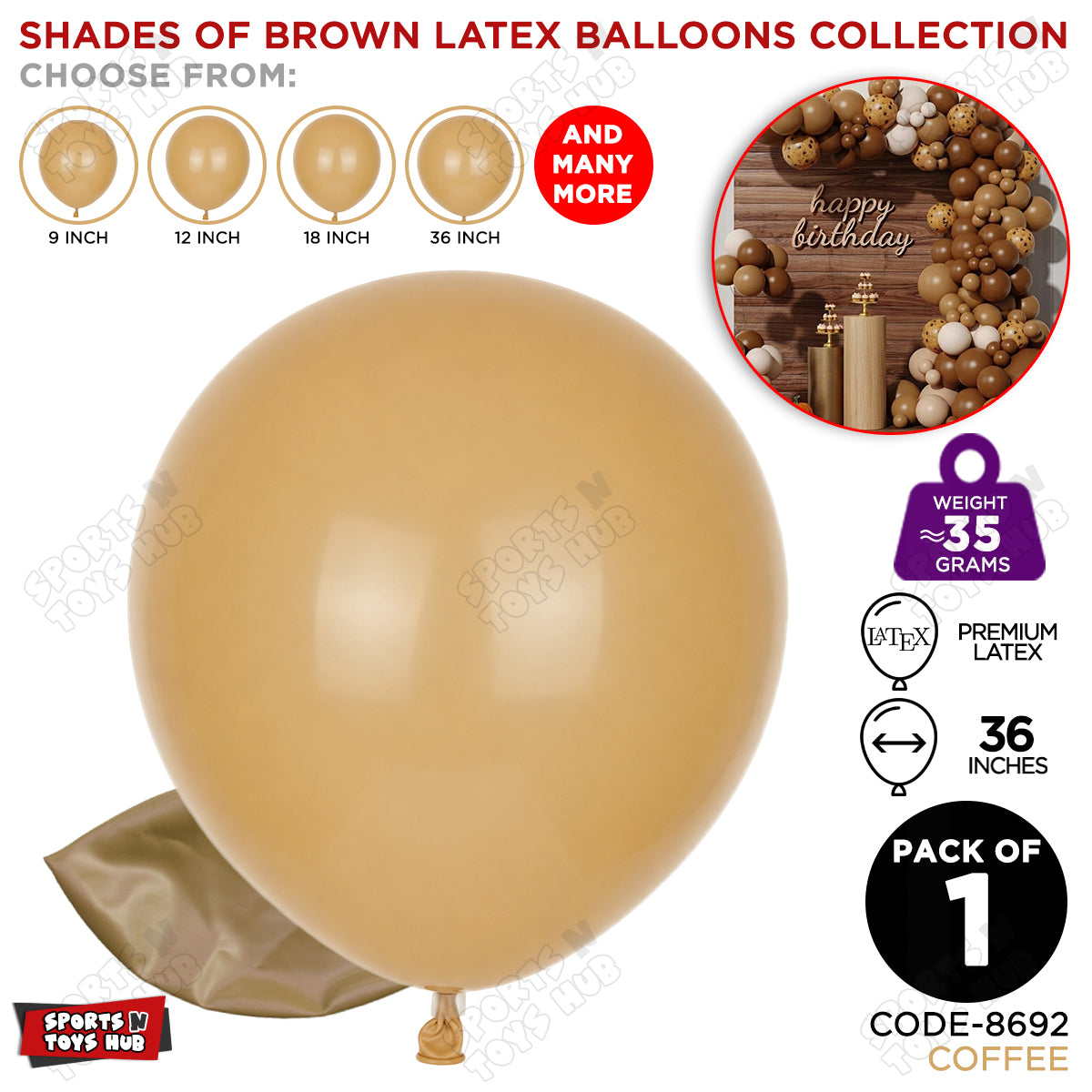 Coffee Latex Balloons Available In 9, 12, 18 & 36 Inch Sizes