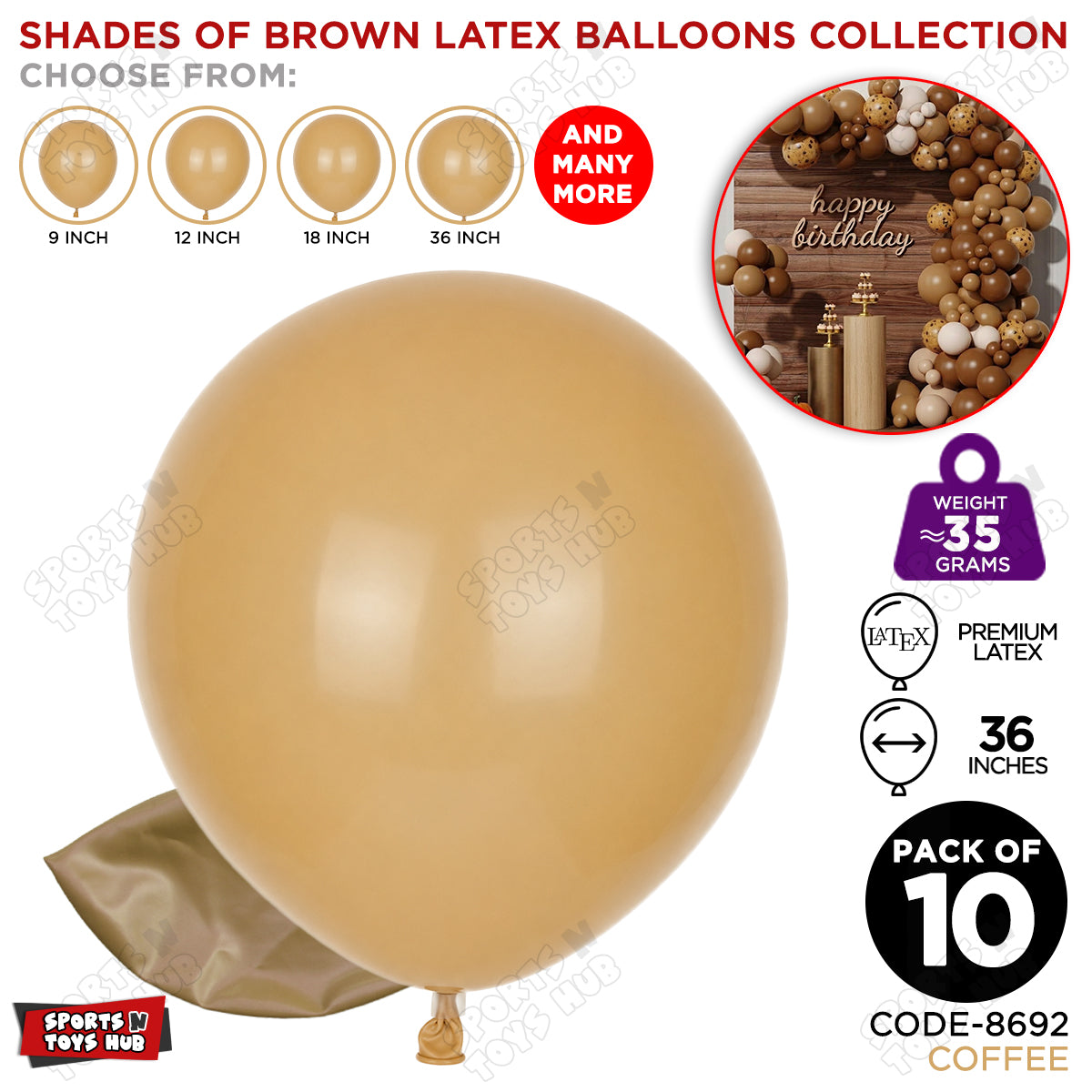 Coffee Latex Balloons Available In 9, 12, 18 & 36 Inch Sizes