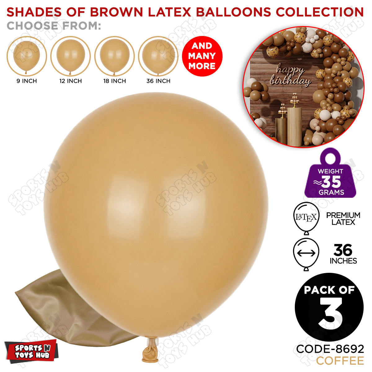Coffee Latex Balloons Available In 9, 12, 18 & 36 Inch Sizes