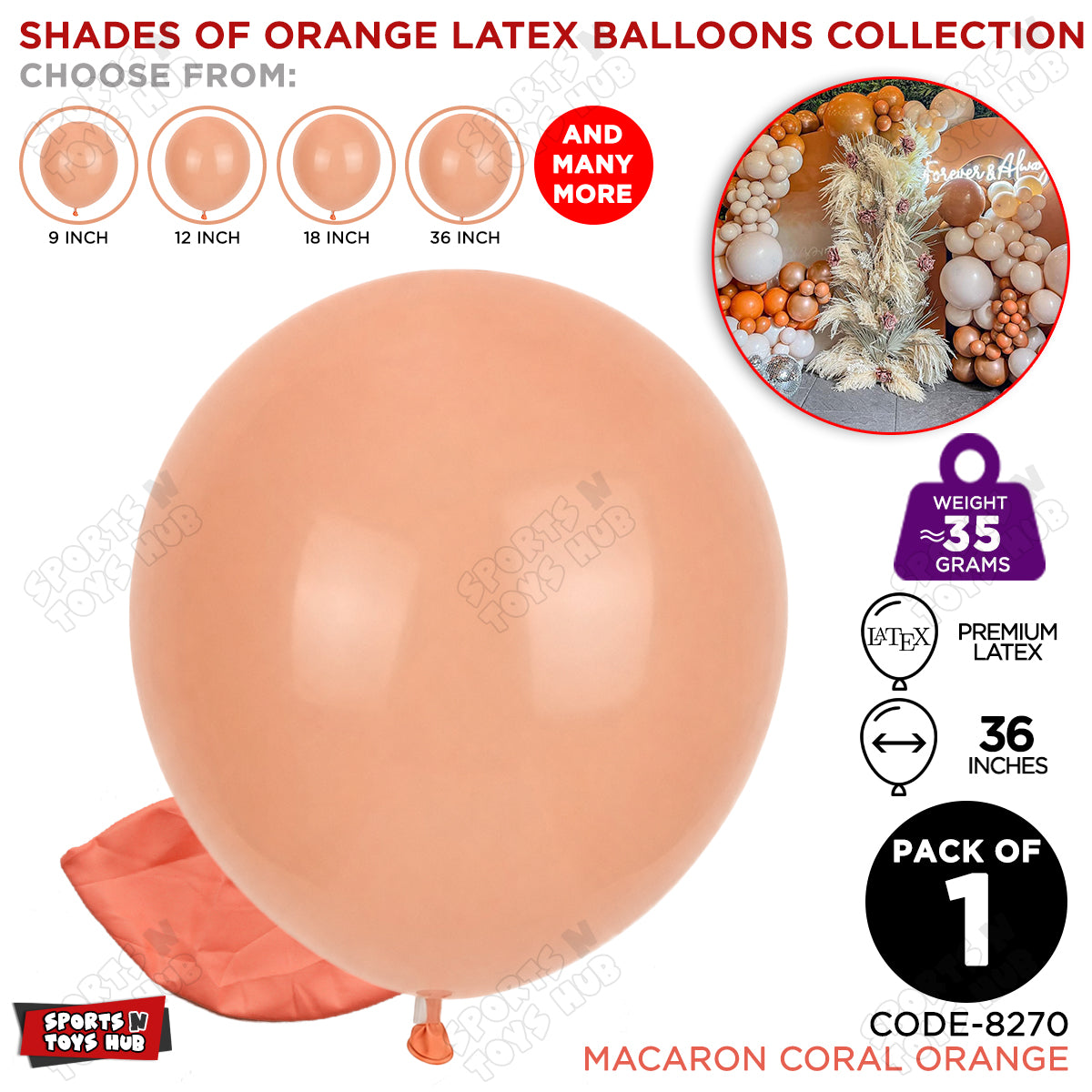 Coral Orange Latex Balloons Available In 9, 12, 18 & 36 Inch Sizes