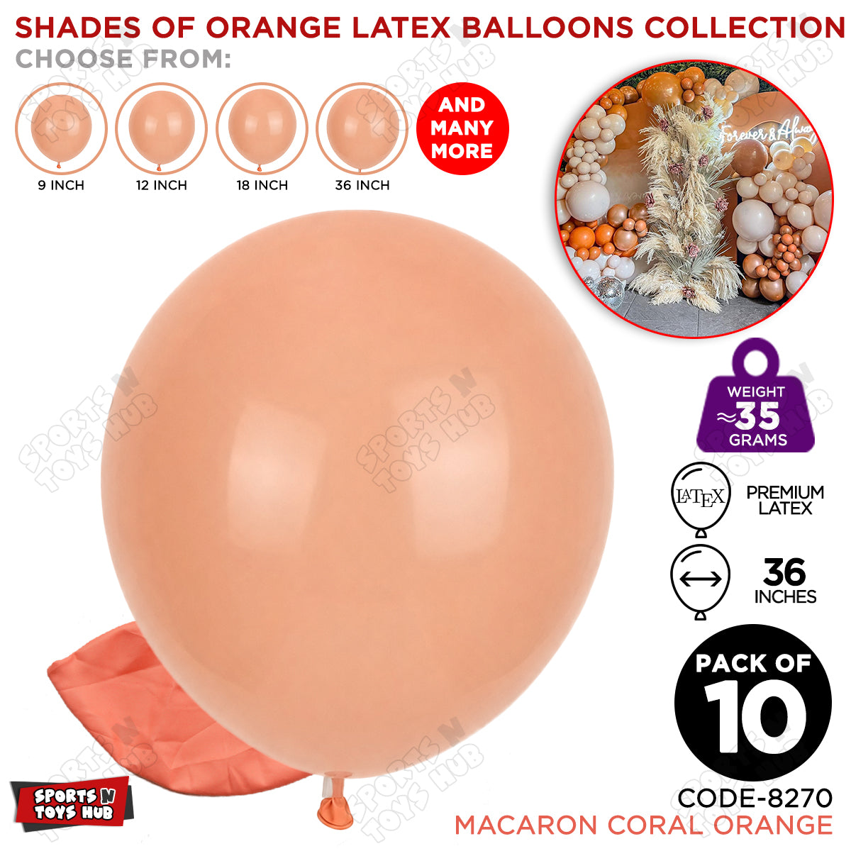 Coral Orange Latex Balloons Available In 9, 12, 18 & 36 Inch Sizes