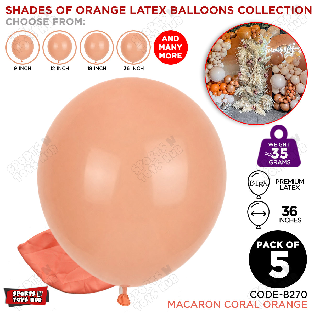 Coral Orange Latex Balloons Available In 9, 12, 18 & 36 Inch Sizes