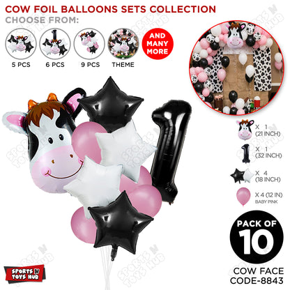 Cow Face Pack Of 10 Foil Balloon Set With 32 Inch Foil Number