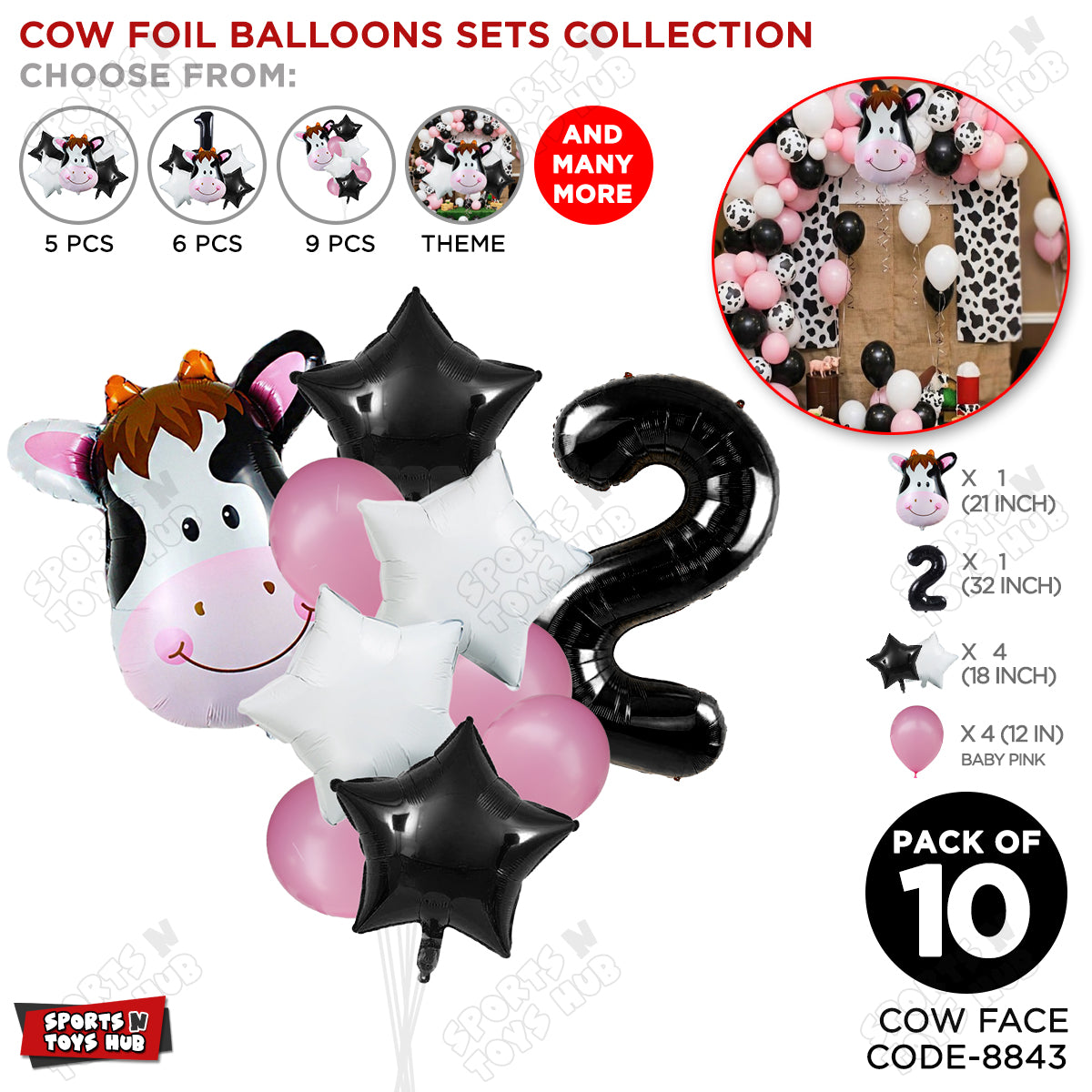 Cow Face Pack Of 10 Foil Balloon Set With 32 Inch Foil Number