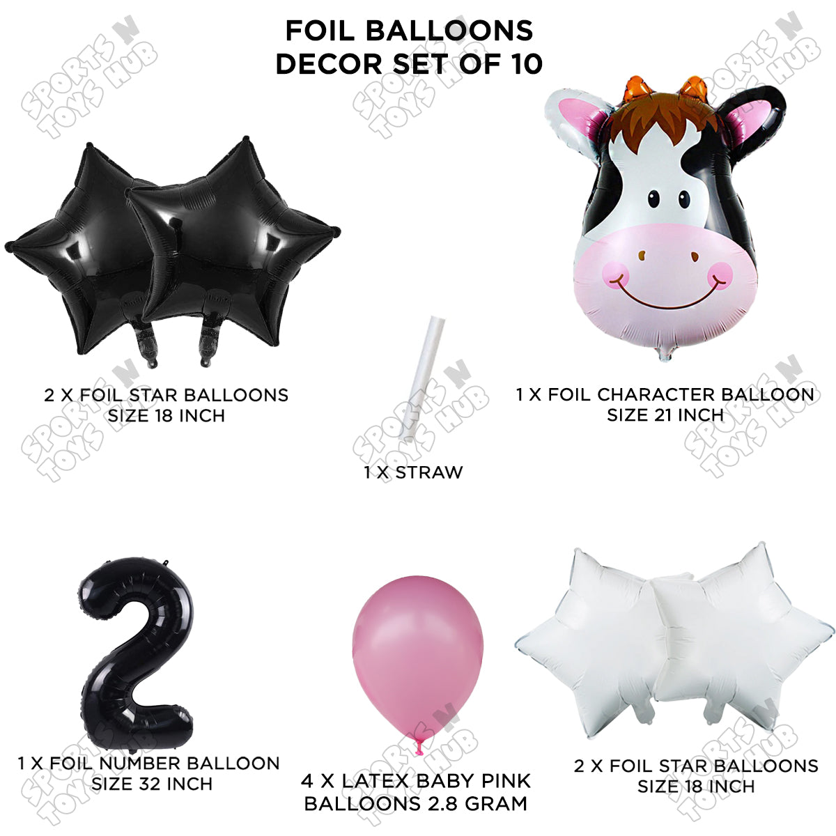 Cow Face Pack Of 10 Foil Balloon Set With 32 Inch Foil Number