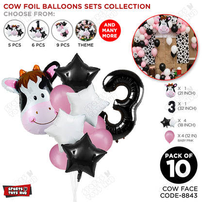 Cow Face Pack Of 10 Foil Balloon Set With 32 Inch Foil Number