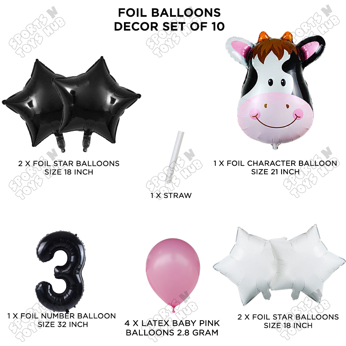 Cow Face Pack Of 10 Foil Balloon Set With 32 Inch Foil Number