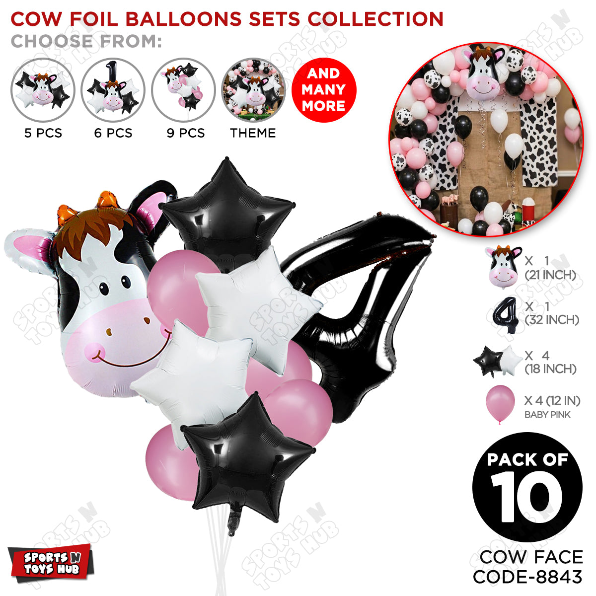 Cow Face Pack Of 10 Foil Balloon Set With 32 Inch Foil Number