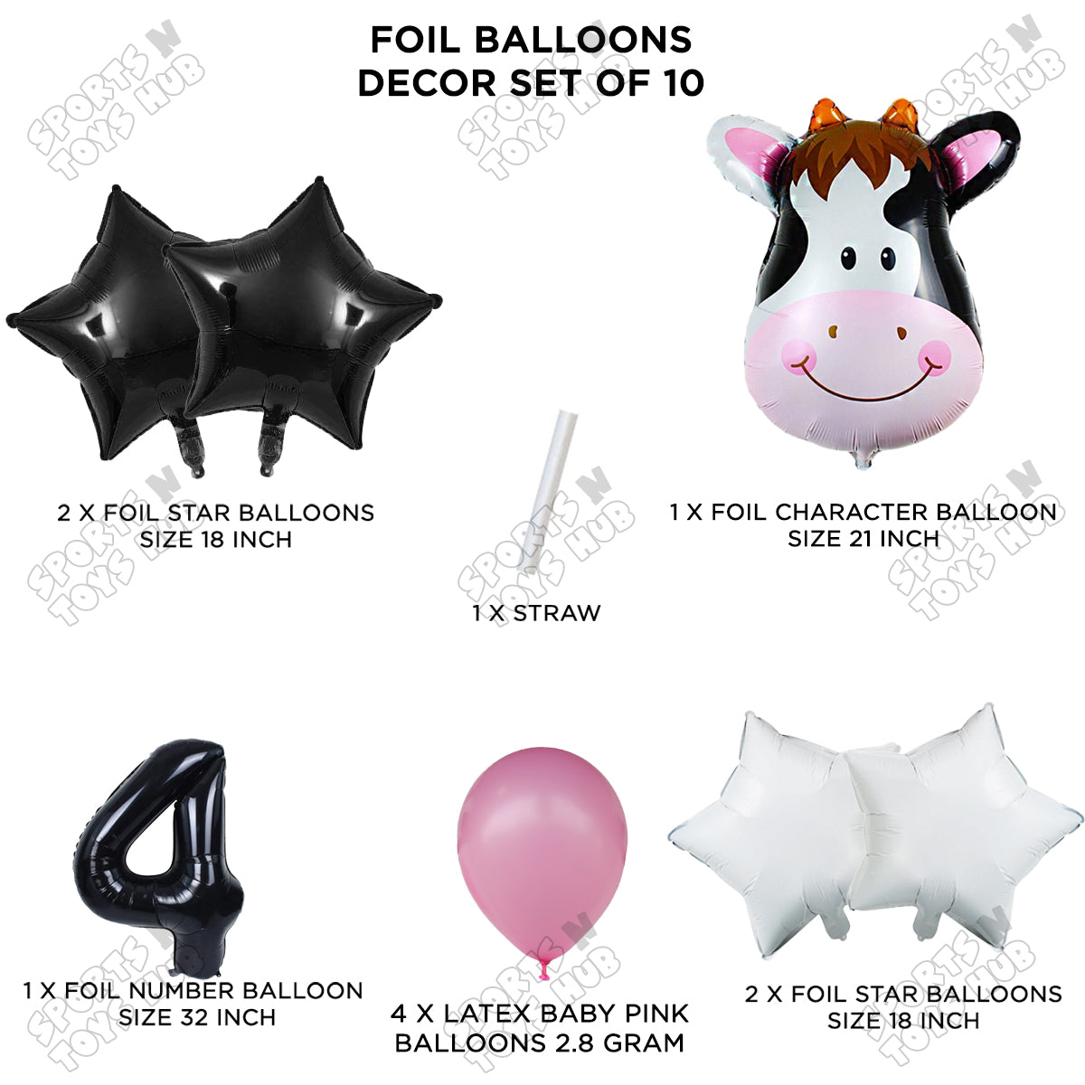 Cow Face Pack Of 10 Foil Balloon Set With 32 Inch Foil Number