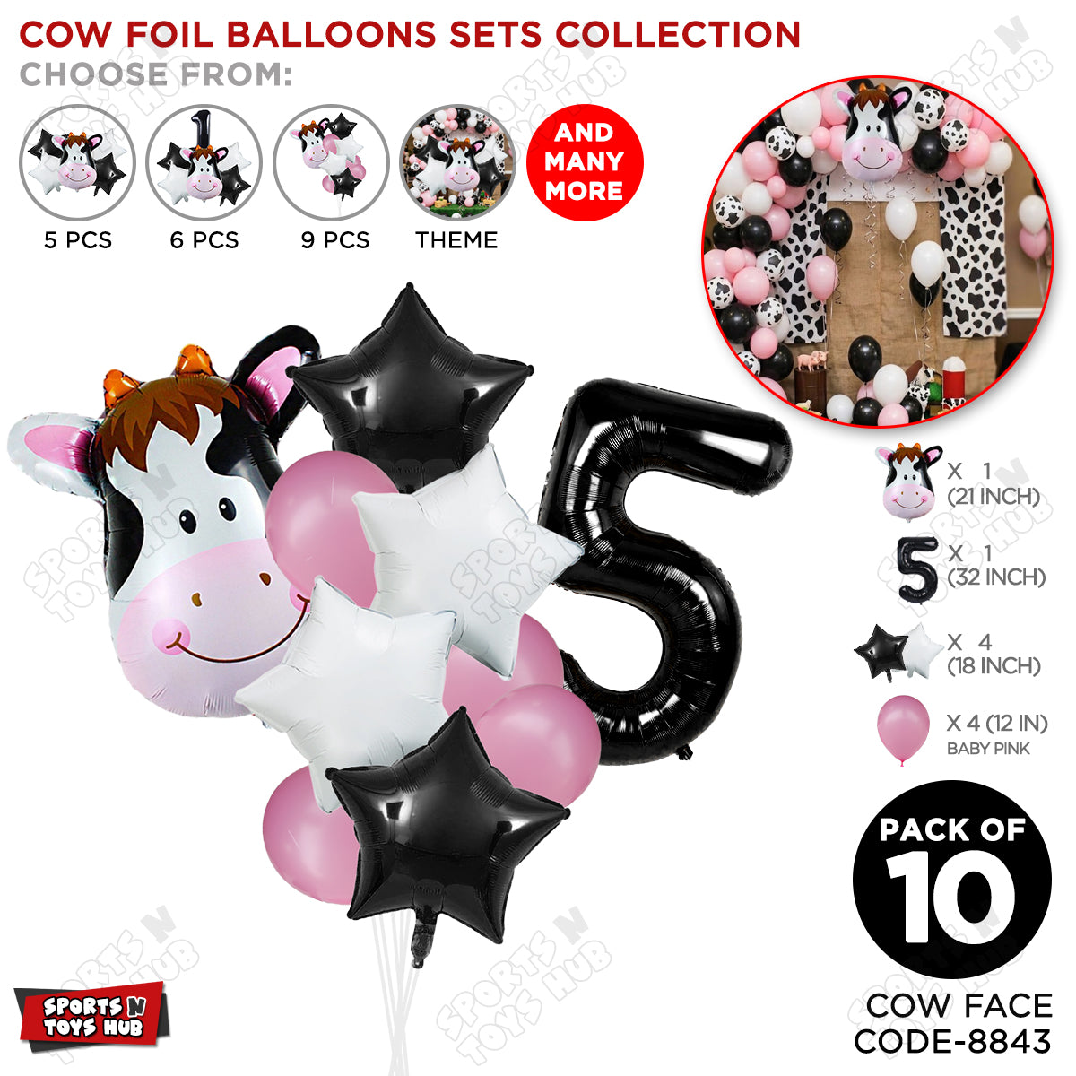 Cow Face Pack Of 10 Foil Balloon Set With 32 Inch Foil Number