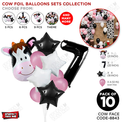 Cow Face Pack Of 10 Foil Balloon Set With 32 Inch Foil Number