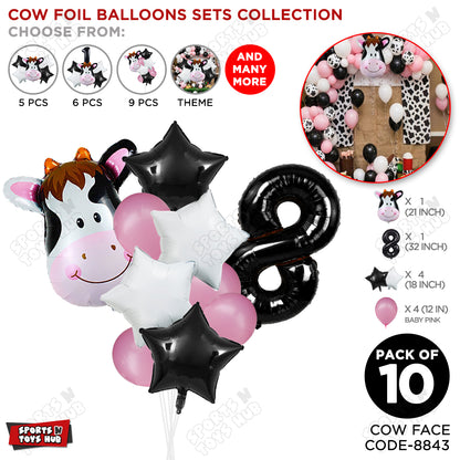 Cow Face Pack Of 10 Foil Balloon Set With 32 Inch Foil Number