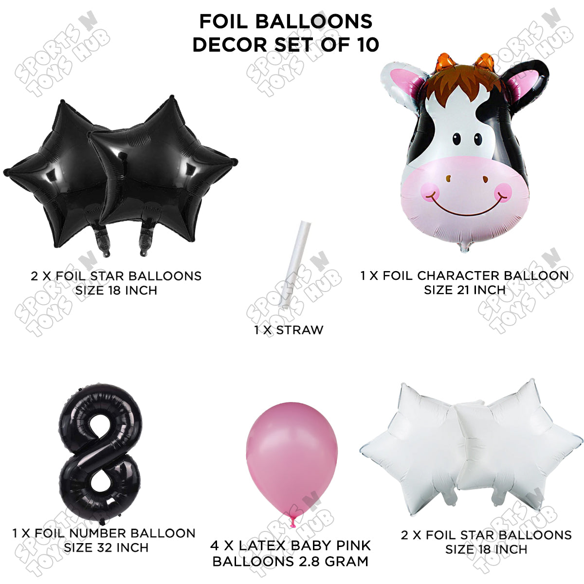 Cow Face Pack Of 10 Foil Balloon Set With 32 Inch Foil Number