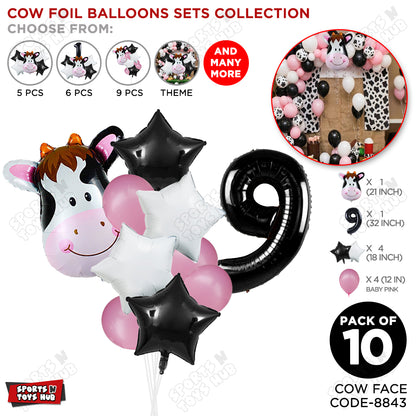 Cow Face Pack Of 10 Foil Balloon Set With 32 Inch Foil Number