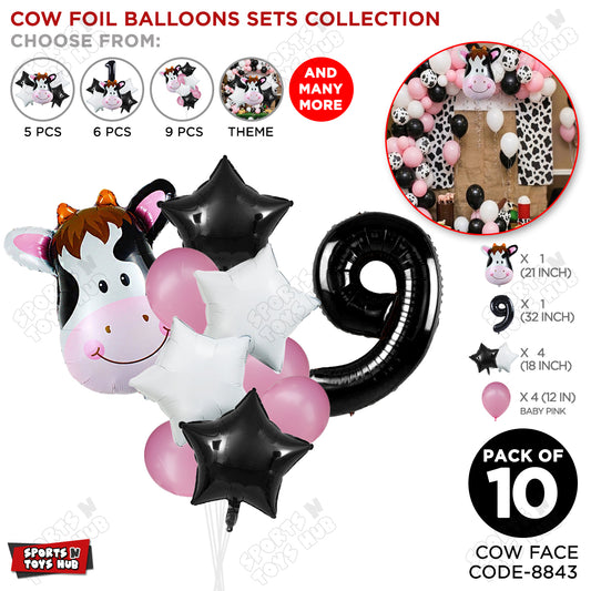 Cow Face Pack Of 10 Foil Balloon Set With 32 Inch Foil Number