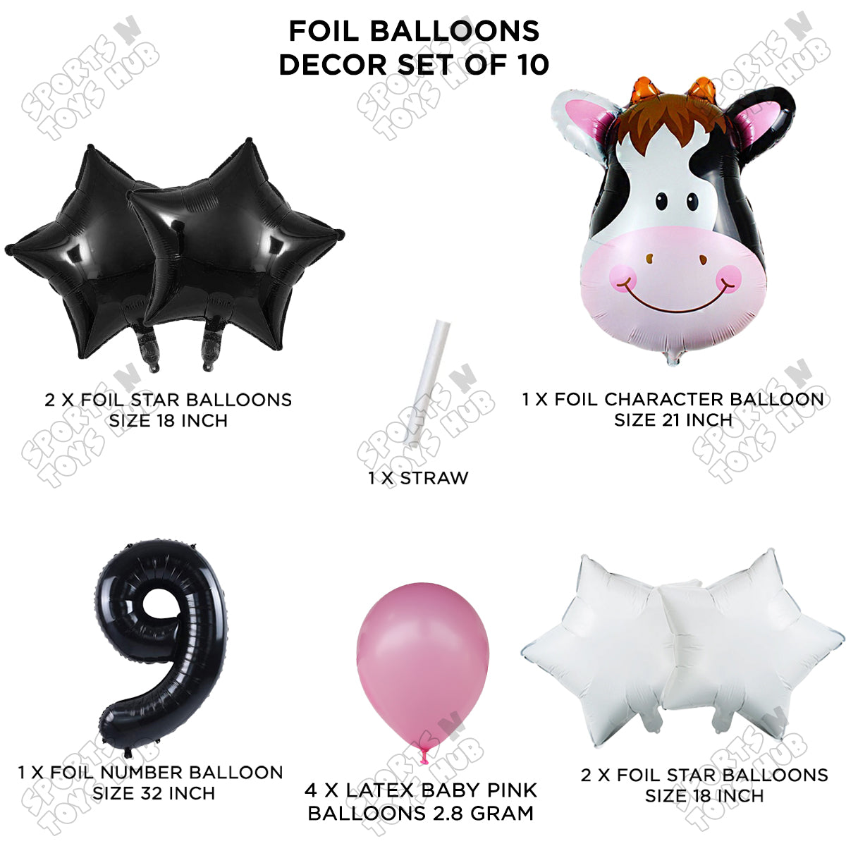 Cow Face Pack Of 10 Foil Balloon Set With 32 Inch Foil Number