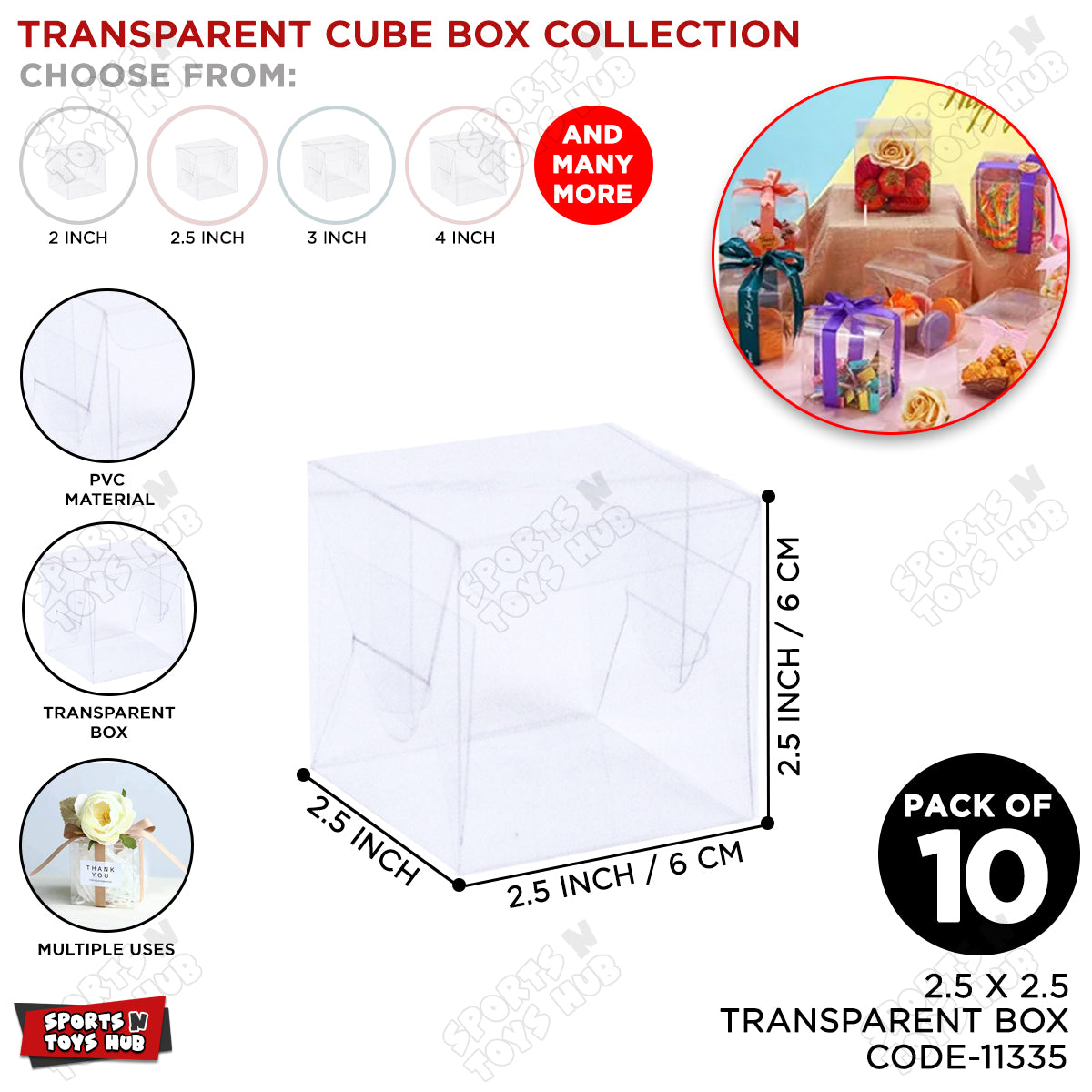 2.5x2.5x2.5 Inch Transparent PVC Plastic Sheet Cube Box - Pack Of 10