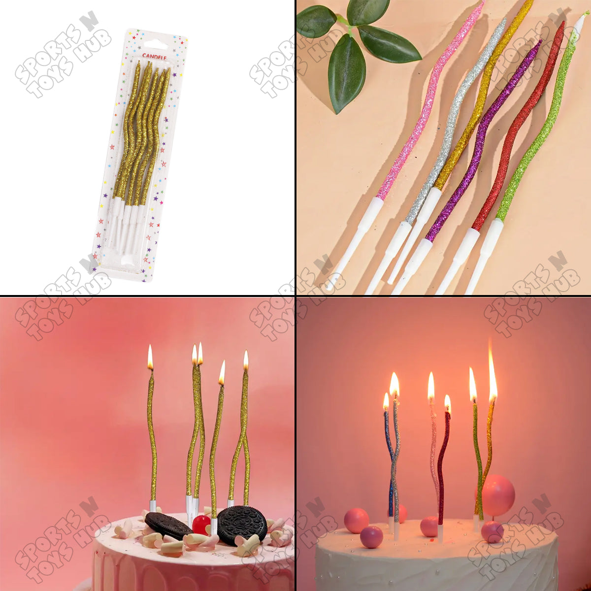 Curvy Glitter Slim Long Flammable Candles - Pack Of 6