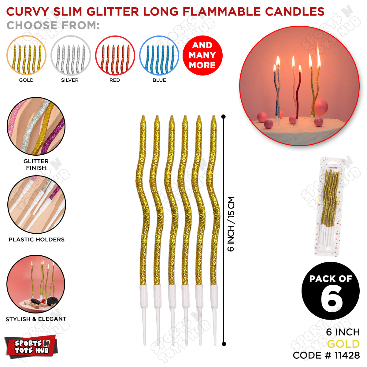 Curvy Glitter Slim Long Flammable Candles - Pack Of 6