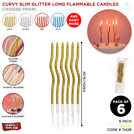 Curvy Glitter Slim Long Flammable Candles - Pack Of 6