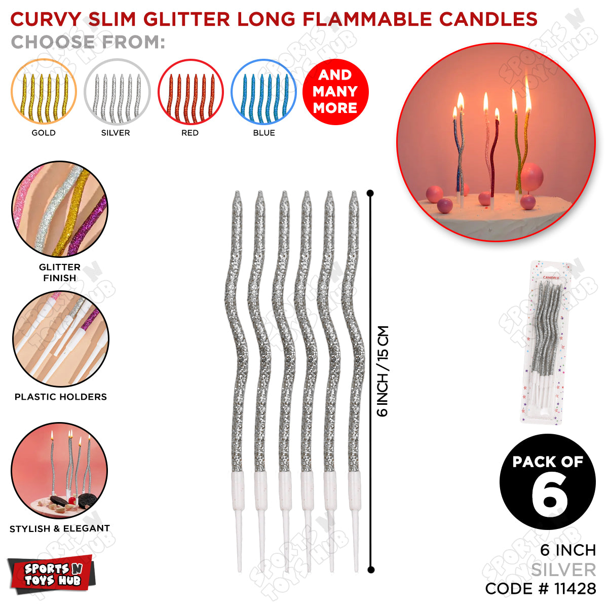 Curvy Glitter Slim Long Flammable Candles - Pack Of 6