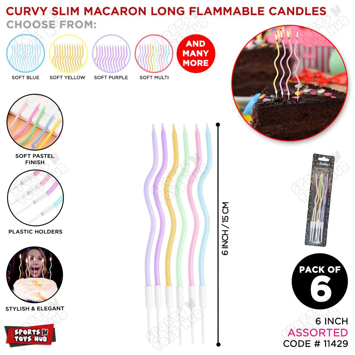 Curvy Macaron Slim Long Flammable Candles - Pack OF 6