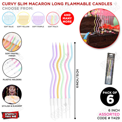 Curvy Macaron Slim Long Flammable Candles - Pack OF 6