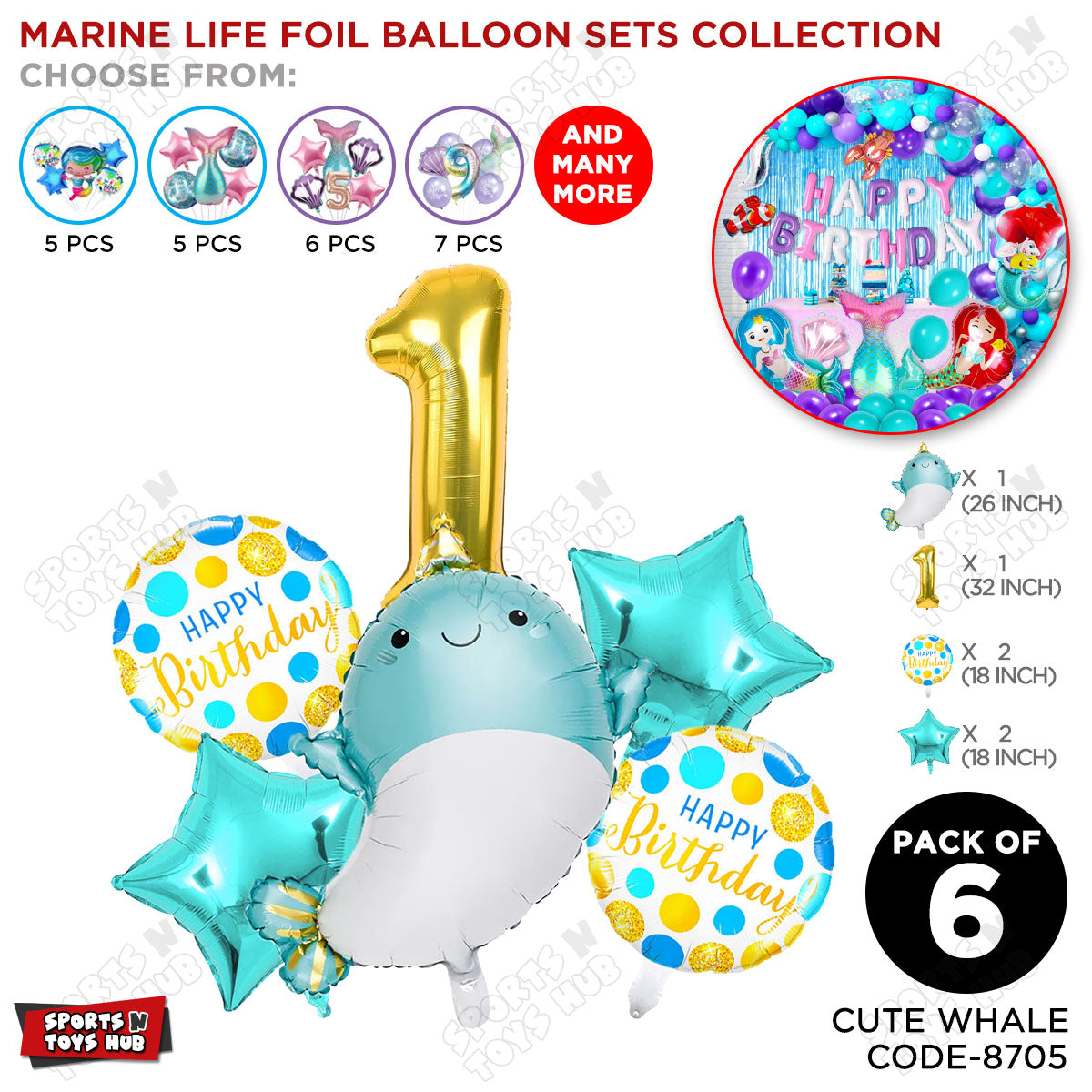 Cute Whale Foil Balloon Pack Of 6 Set With 32 Inch Foil Number Balloons