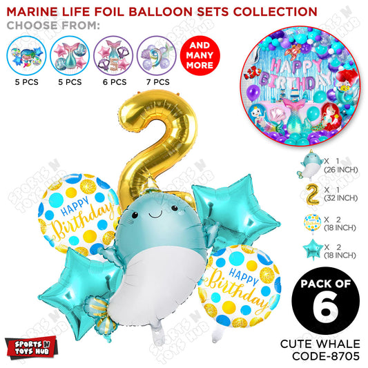 Cute Whale Foil Balloon Pack Of 6 Set With 32 Inch Foil Number Balloons