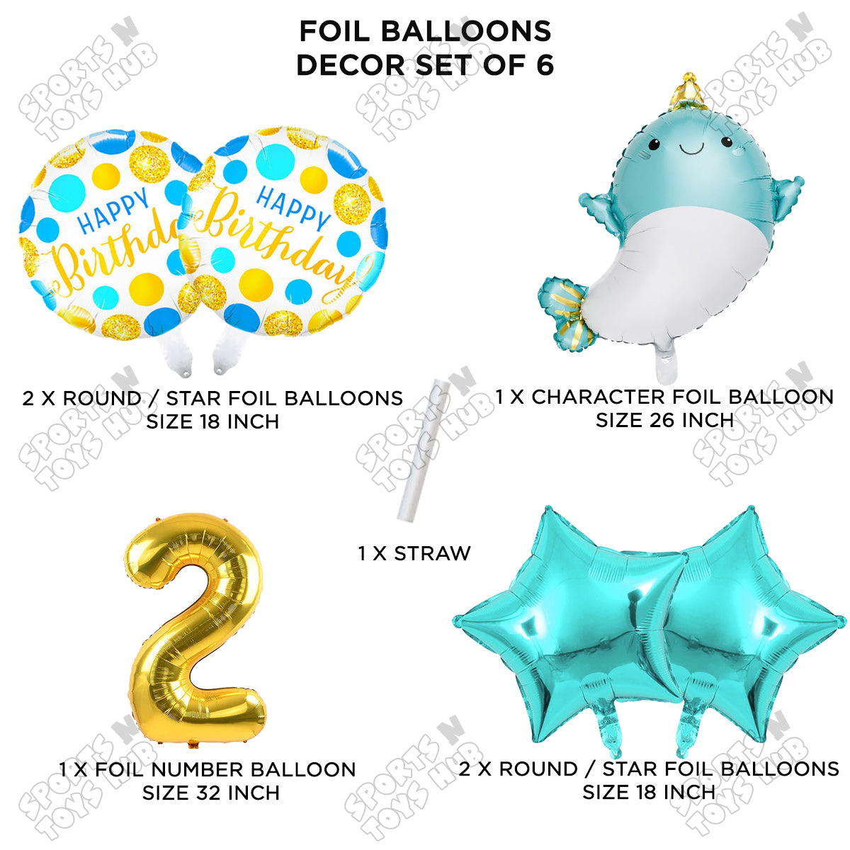 Cute Whale Foil Balloon Pack Of 6 Set With 32 Inch Foil Number Balloons