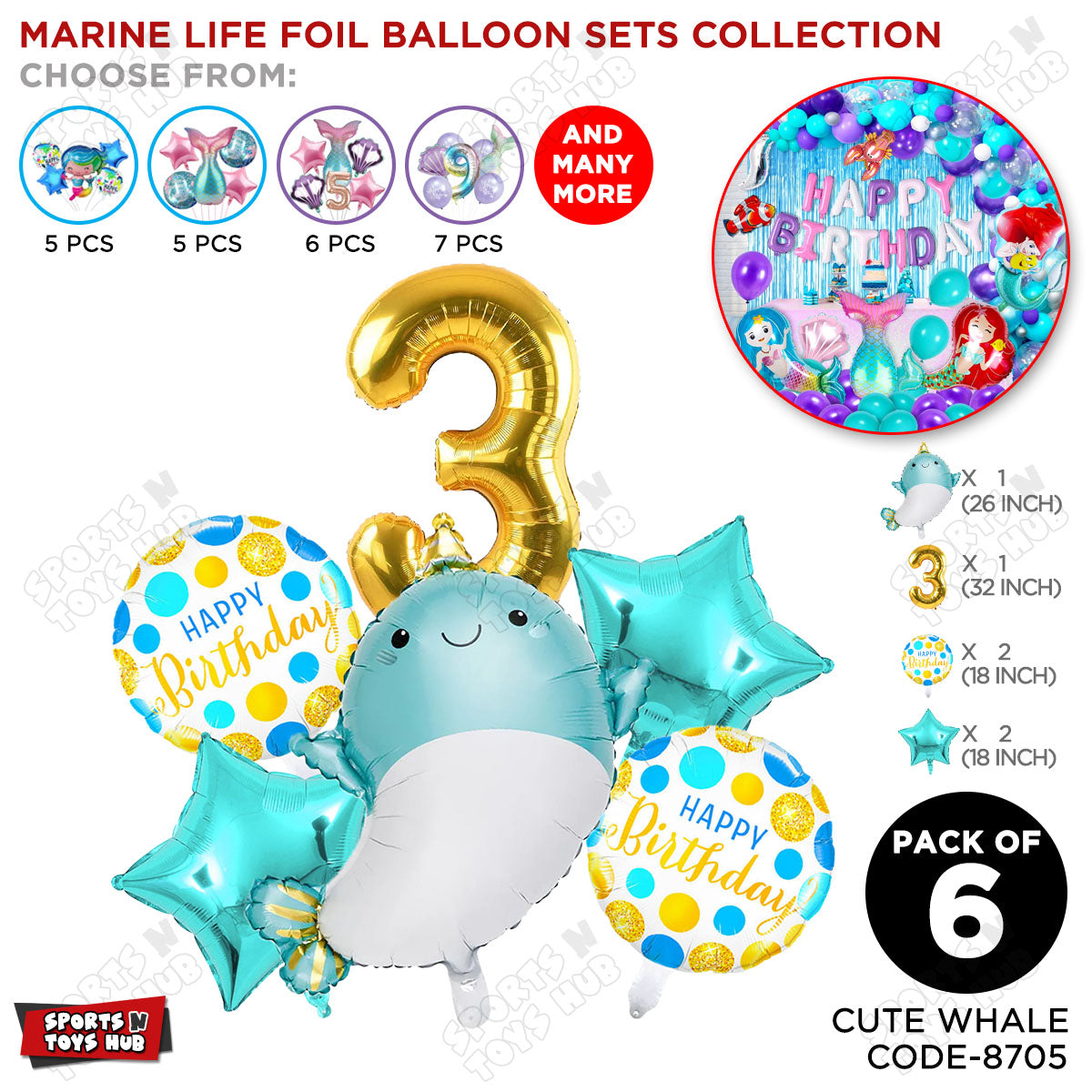Cute Whale Foil Balloon Pack Of 6 Set With 32 Inch Foil Number Balloons