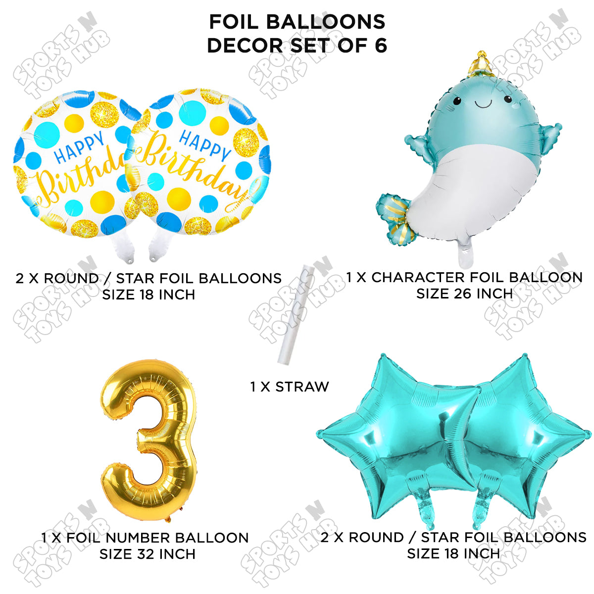 Cute Whale Foil Balloon Pack Of 6 Set With 32 Inch Foil Number Balloons
